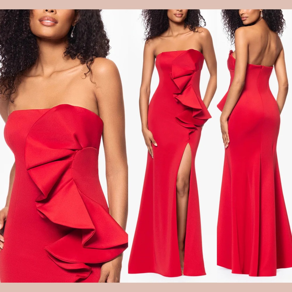 EUC  $259 Betsy & Adam  [ 10 ] Fiona Strapless Scuba Crepe Gown‎ in Red #Q1246